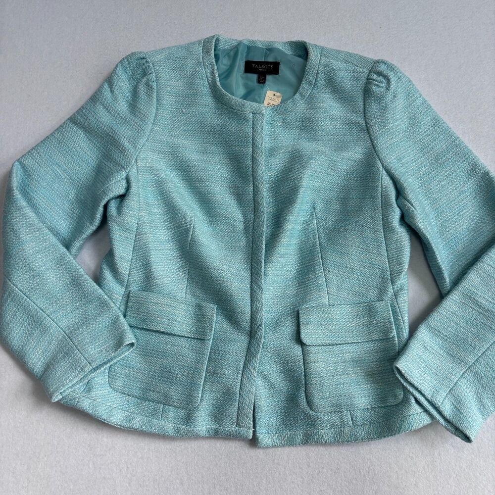 Talbots Tweed Blazer Jacket Women's 12P Turquoise Blue Old Money Career Office - Picture 2 of 10